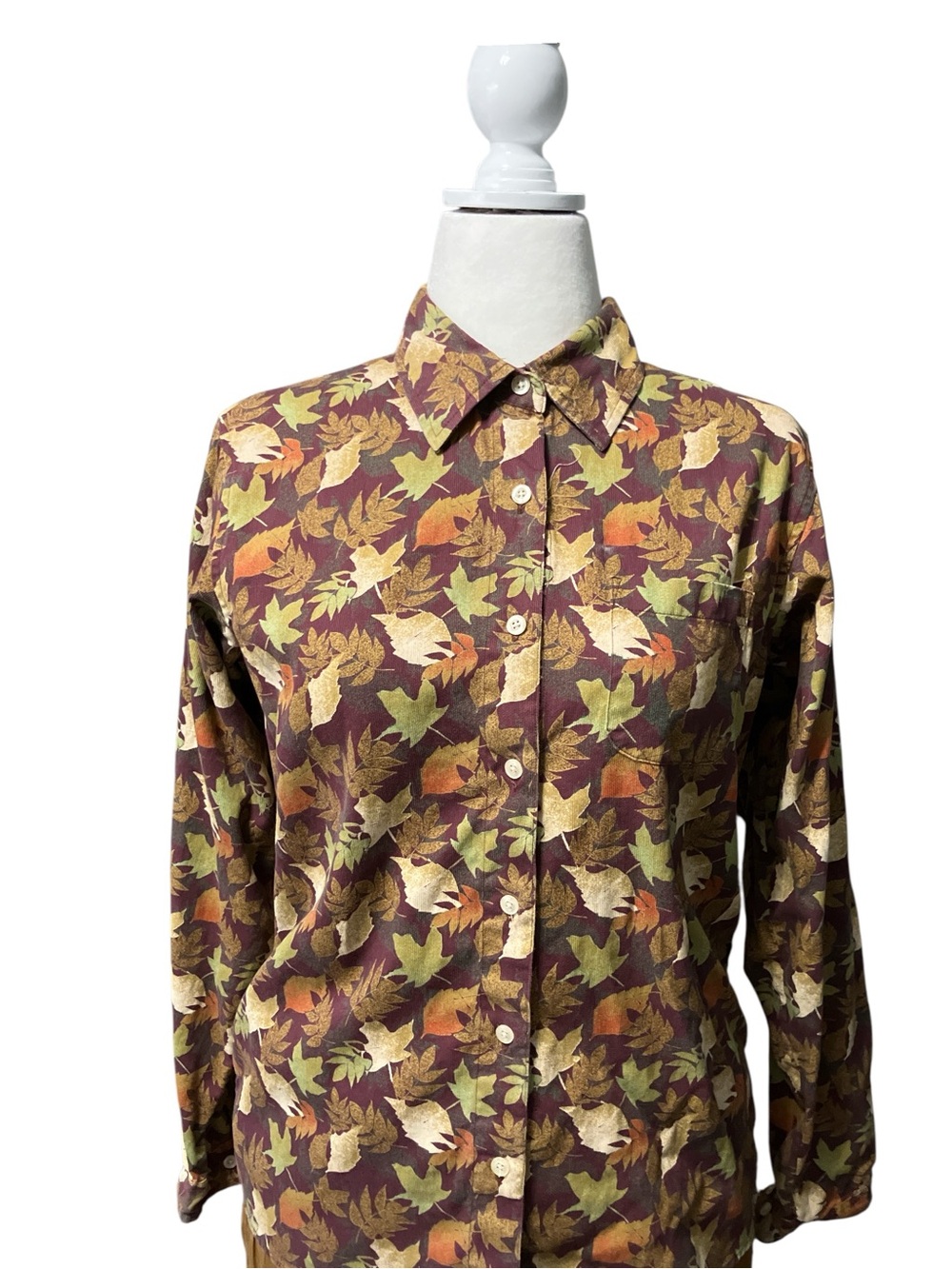 Vintage Fall Leaf Print Corduroy Button-Up Shirt